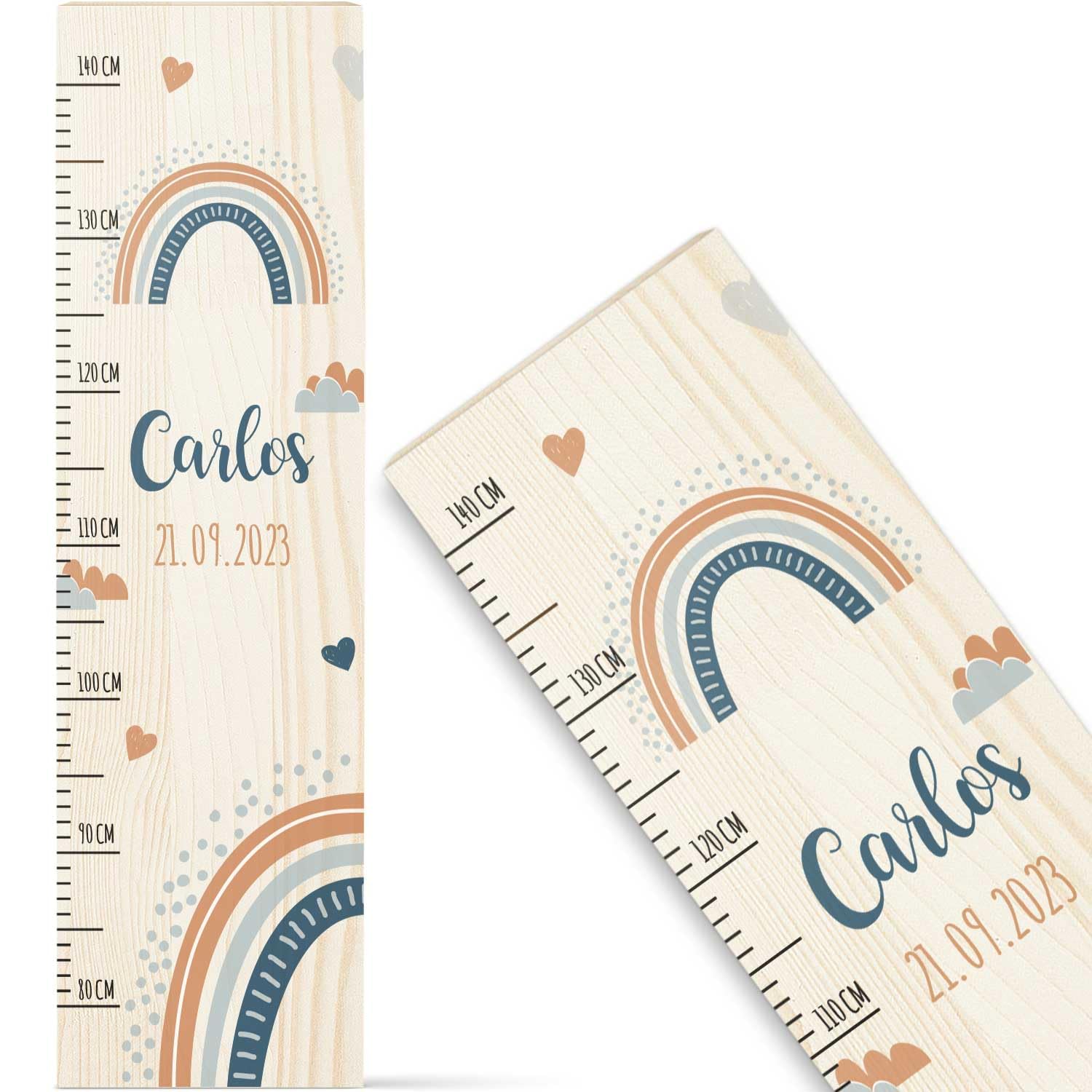 GRAVURZEILE Messlatte für Kinder aus Holz - Regenbogen Blau Design - mit Namen für Kinderzimmer - Skala misst 80-140 cm - Größe 20 x 70 x 2 cm - Geschenk zur Geburt für Mädchen & Jungen
