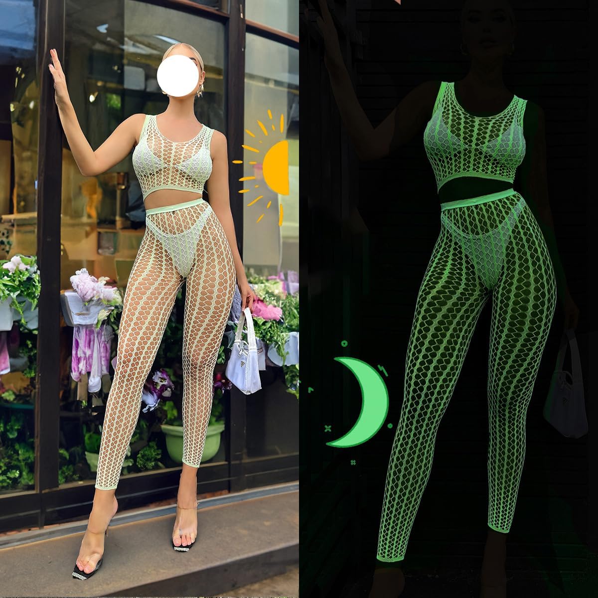Glow In The Dark Lingerie Green Mesh Fishnet Bodysuit Bikini Cover Ups Neon Club Glow Party Outfit Top Panty - Image 4
