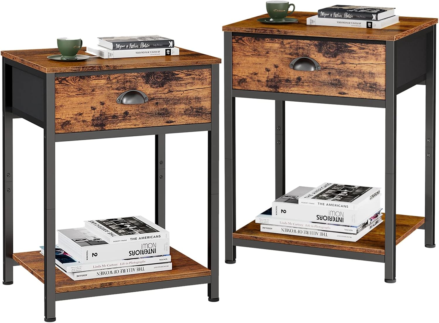Nightstands Set of 2, Industrial End Table with Fabric