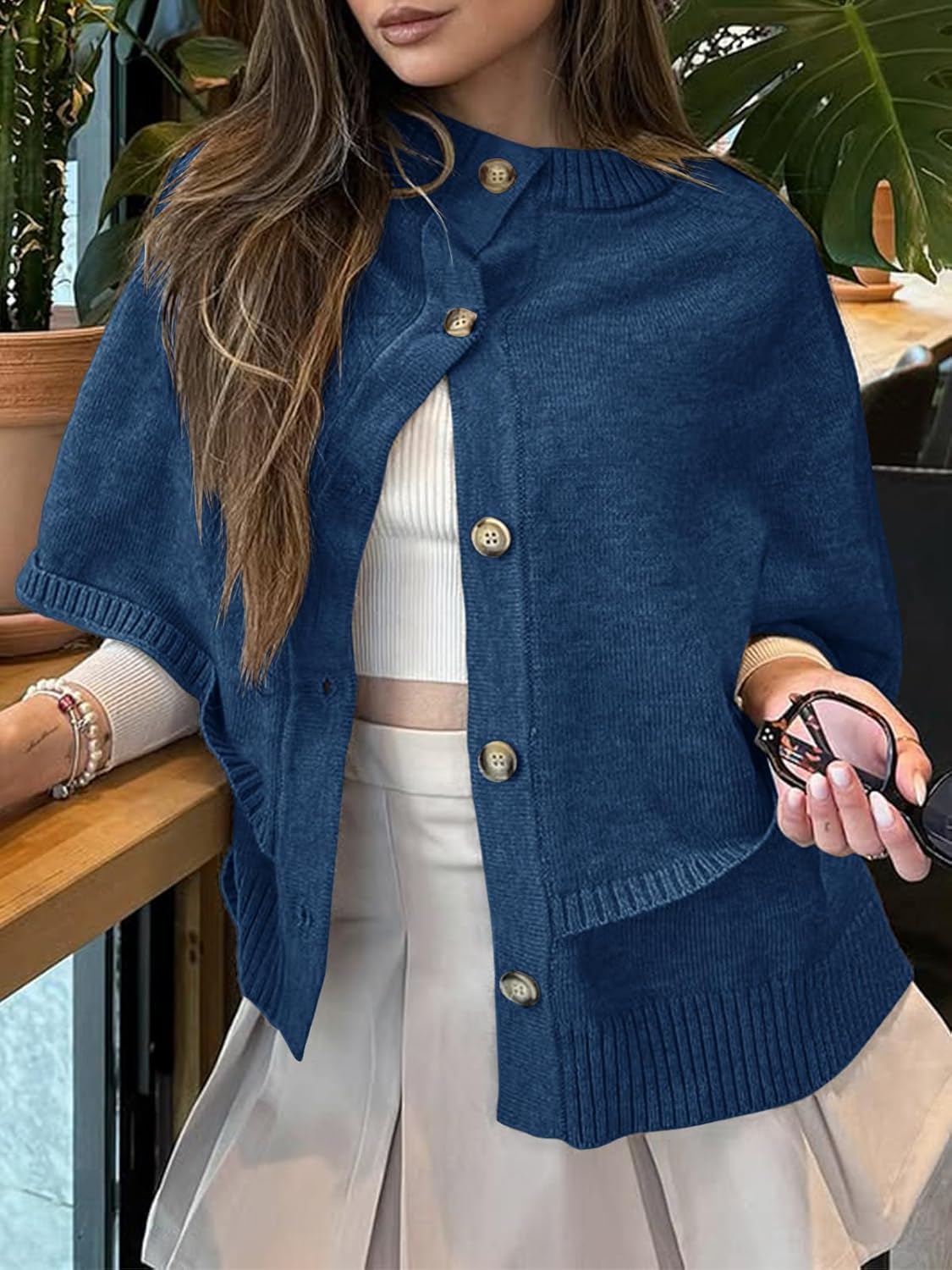 Saodimallsu Womens Cropped Cape Cardigan Button Up Crew Neck Jacket Shawl Fall Trendy Knit Sweater - Image 2