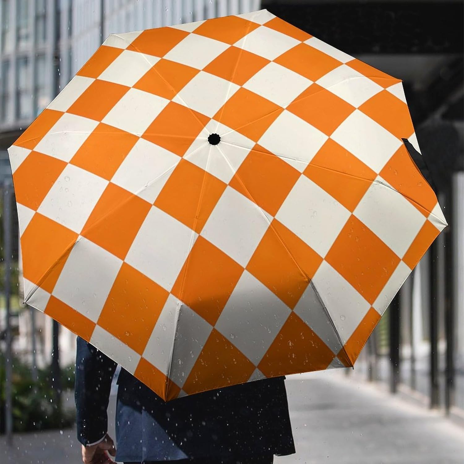 Tennessee Orange White Checkerboard Travel Umbrella for Rain Windproof Compact Umbrellas