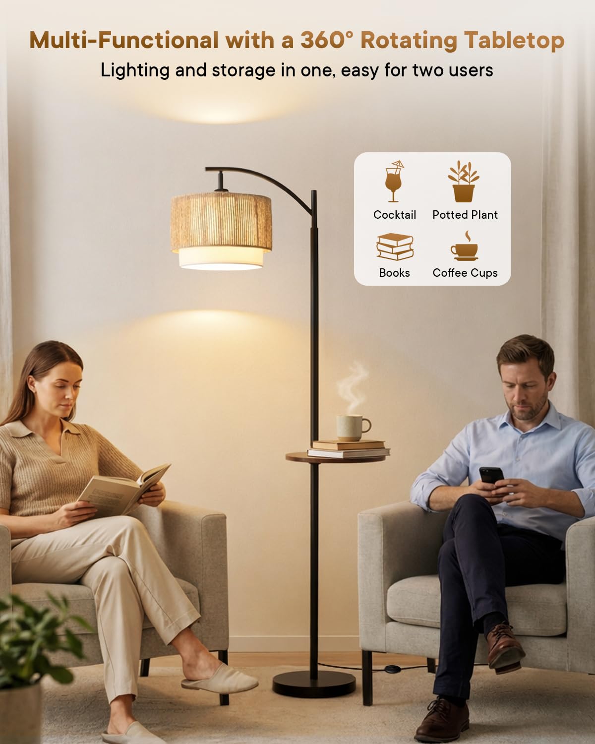 Wio-Mio Rattan Stehlampe mit Tisch für Wohnzimmer, Standlampe mit Fußschalter, Schwarze Boho Stehlampe mit doppeltem Stoffschirm, 3 Lichtfarben, Leuchtmittel inklusive