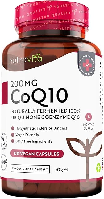 CoQ10 200mg - 120 Vegan Capsules of High Strength Co Enzyme Q10 (4 Months Supply) - 100% Pure and Naturally Fermented Ubiquinone Coenzyme - No Synthetic Additives - Made in The UK by Nutravita
