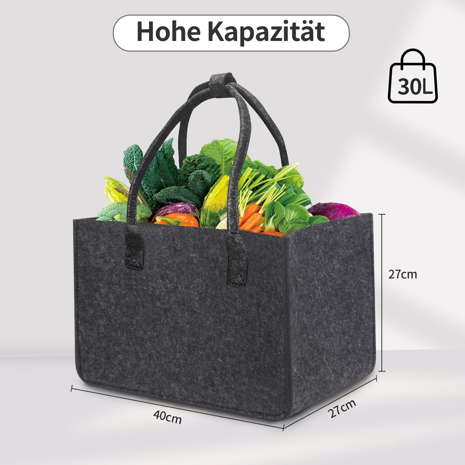 2 Stück 30L Filztasche Einkaufstasche, 40x27x27 cm Filztaschen Shopper mit Innentasche Einkaufskorb Faltbar Groß Tragetasche Filz Einkaufskörbe Stabile Henkel mit Verschluss, Dunkelgrau