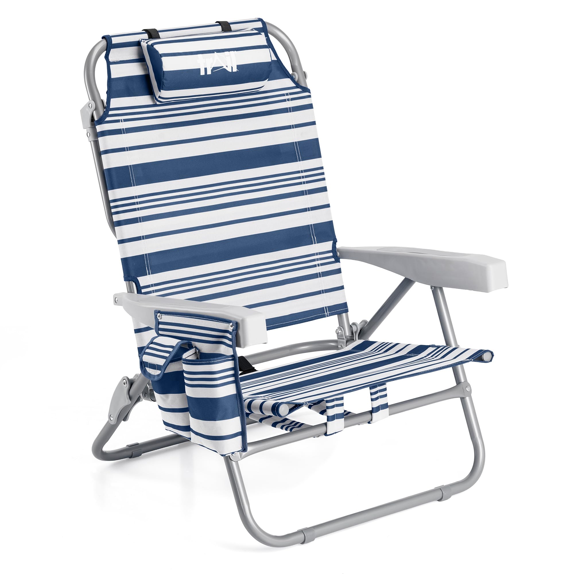 Trail Low Reclining Beach Chair, Navy Blue Stripe Folding Recliner – Reclines to 4 Positions, Head Cushion, Drinks Holder, Storage Pouch & Backpack-Style Carry Straps, Portable Camping Lounger