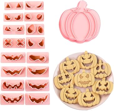 Halloween Cookie Cutters-10 Pcs Set, 3D Plastic Pressable Pumpkin Head Biscuit Cutters-Grimace Pumpkin Cutters with Double-Sided Replaceable Expressions