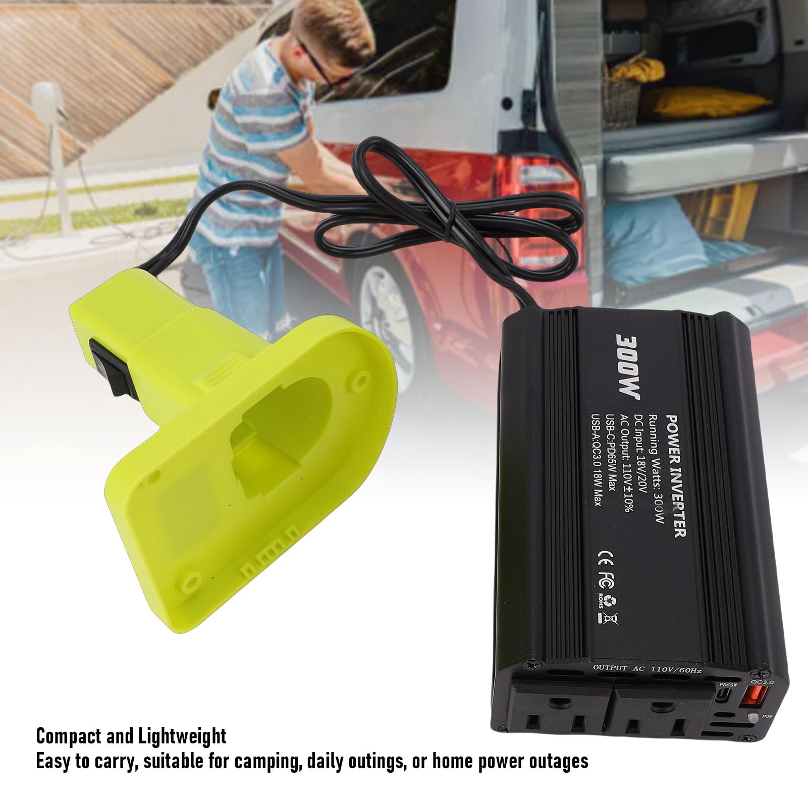Generic Kompaktowy Inwerter Mocy 300 W do Akumulatora P102 P103 P104 z 2 Gniazdami Prądu Przemiennego PD65W Typu C i Portem USB A 18 W - Lekka i Przenośna Konstrukcja