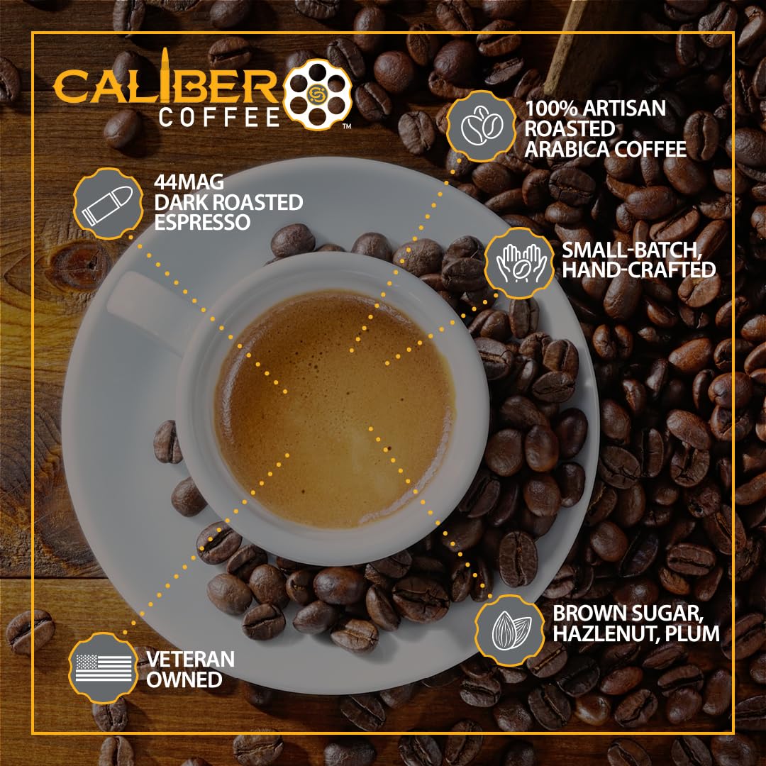 Caliber Coffee .44 Mag, Whole Bean Espresso Roast – Bold, Smooth, Rich Crema Flavors – 100% Artisan Roasted Arabica Coffee – Small-Batch, Hand-Crafted – Veteran Owned – 12oz Bag