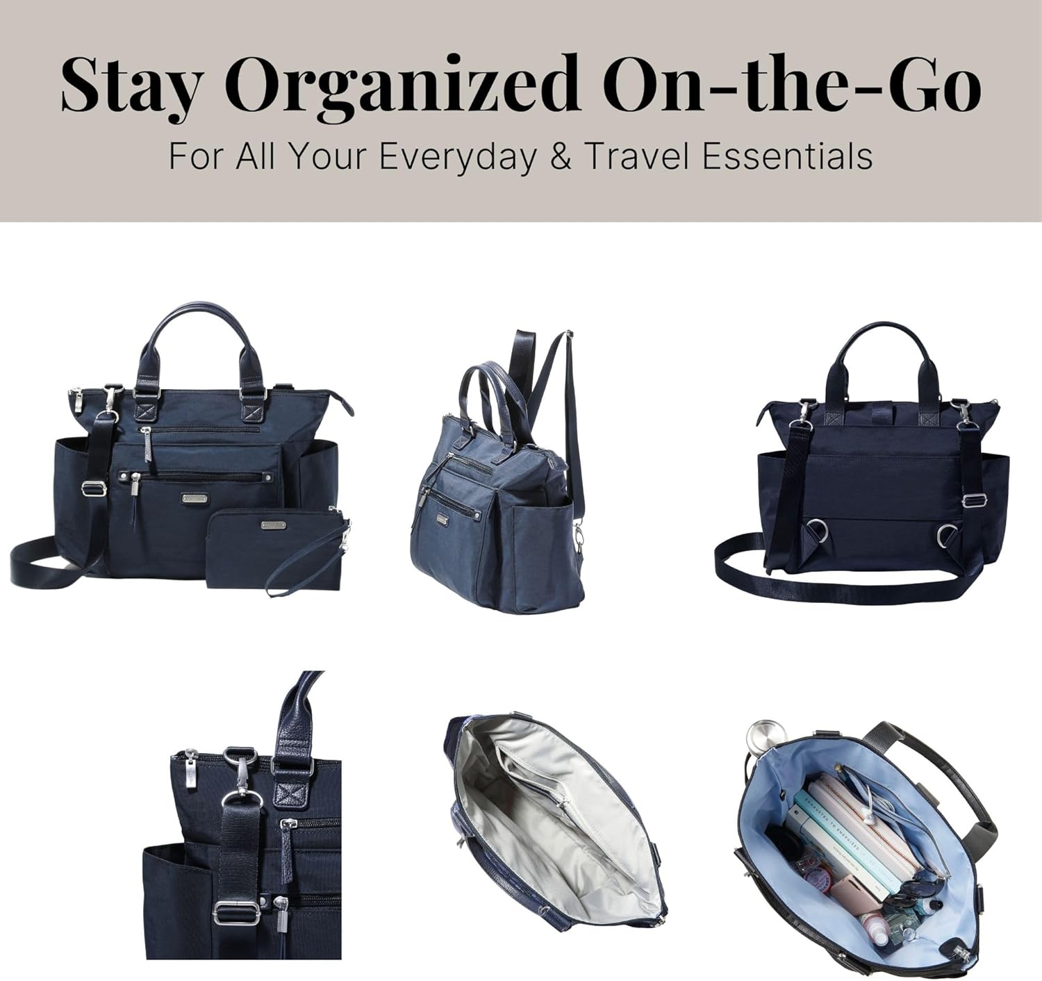 Baggallini 3-in-1 Convertible Backpack Tote Handbag - 15x12" Lightweight Travel Bag w/ RFID Phone Wristlet