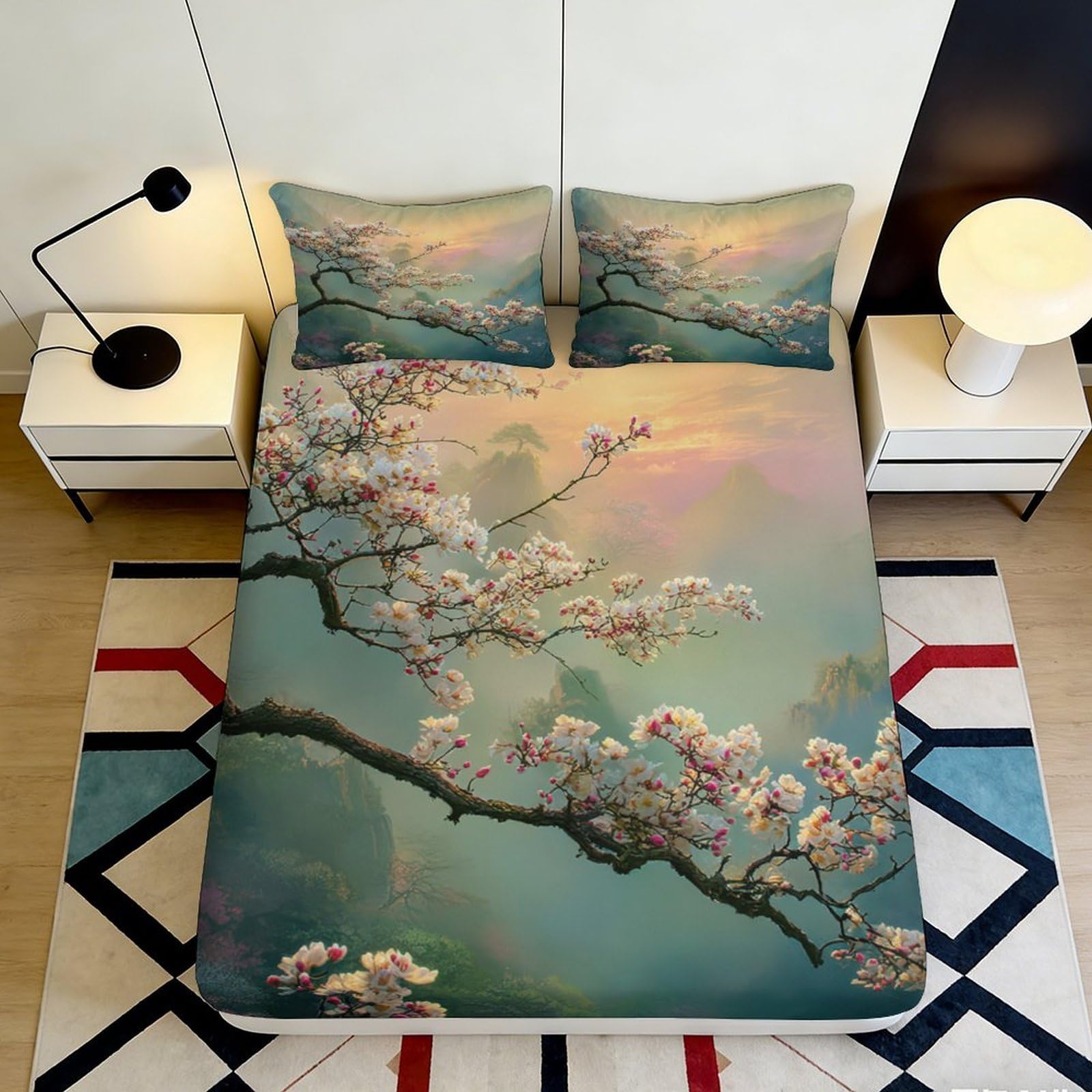 3D Printed Sakura Blossom Fitted Sheet Microfiber Soft Breathable Misty Mountains Bed Cover for Bedroom Guestroom Decor 90x200x25cm