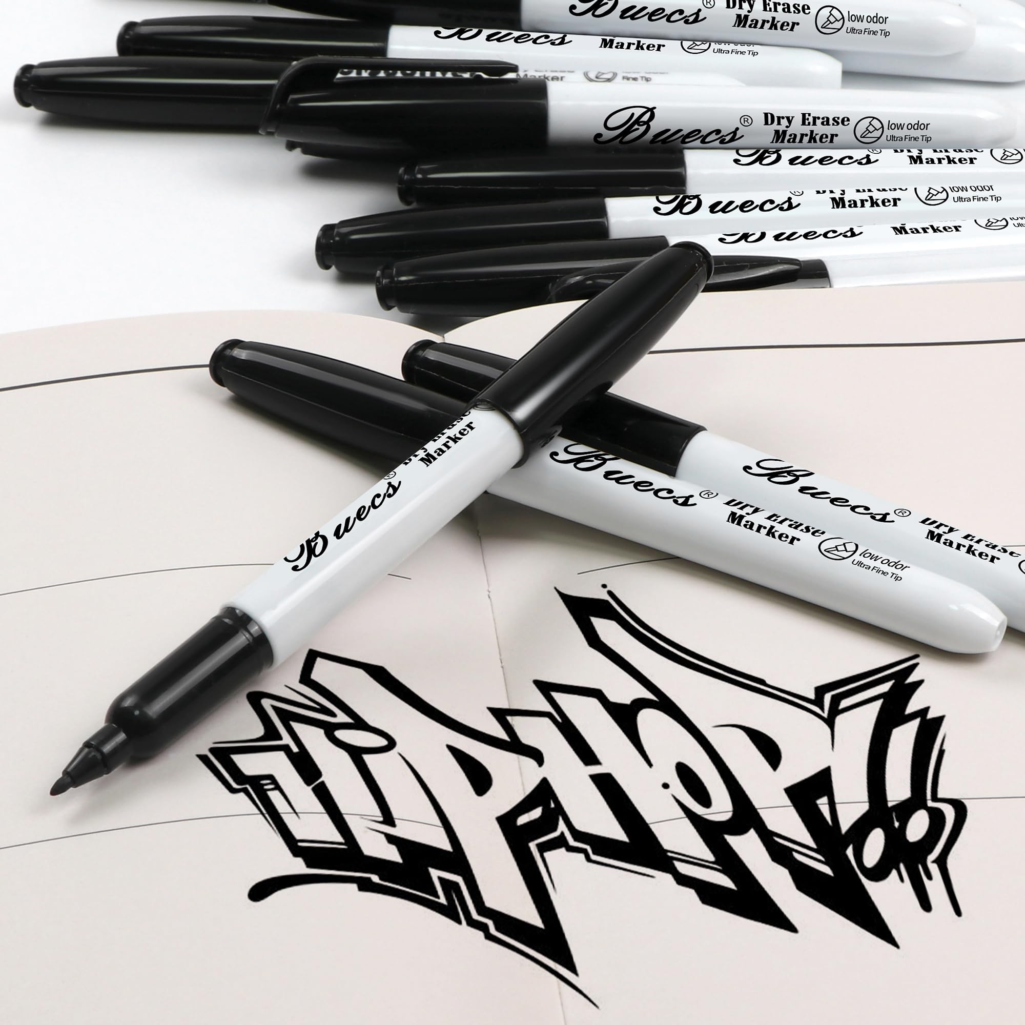 Buecs Schwarze, trocken abwischbare Marker, geruchsarm, 96 Stück, ultrafeine Spitze, perfekt zum Schreiben auf Whiteboards, trocken abwischbaren Tafeln, Glas, Schul- und Bürobedarf