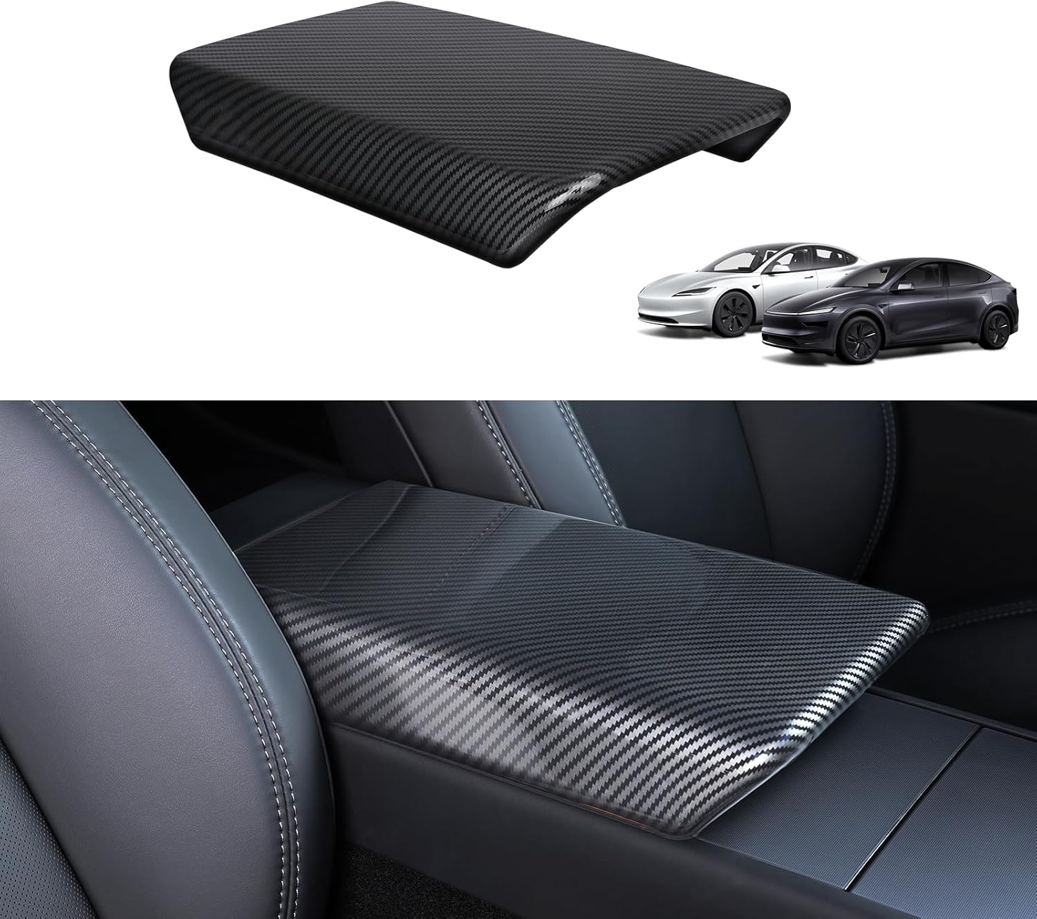 Center Console Armrest Cover for Tesla Model Y Juniper 2026 2025 and Model 3 Highland 2026 2025 2024, Arm Rest Covers Armrest Cushion Pad Console Interior Accessories,Bright Carbon Fiber