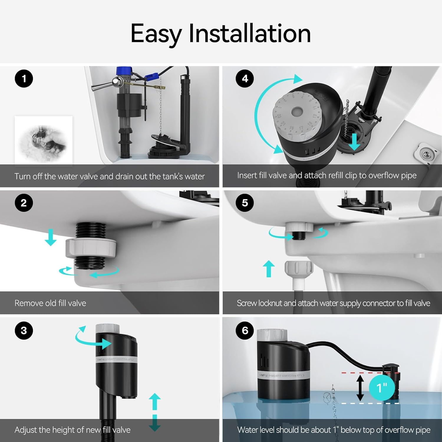 R&T A1350 Quiet Toilet Fill Valve Toilet Universal Tank Parts Replacement, Fast Stop Toilet Leaks and Noisy, Height Adjustable, Easy to Install No Plumber Required