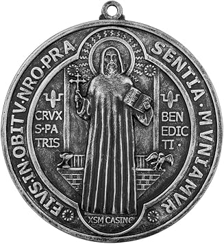 VILLAGE GIFT IMPORTERS Home Blessing and Protection 6" Large Saint Benedict Wall Medal, Silver Color