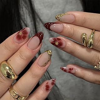 LunarCharm 24 Stück rote French-Tip-Aufdrücknägel, kurze mandelförmige Kunstnägel mit 3D-Goldstreifen-Perlendesign, Blumen-Kunstnägel, Acryl-Nagelspitzen zum Aufkleben