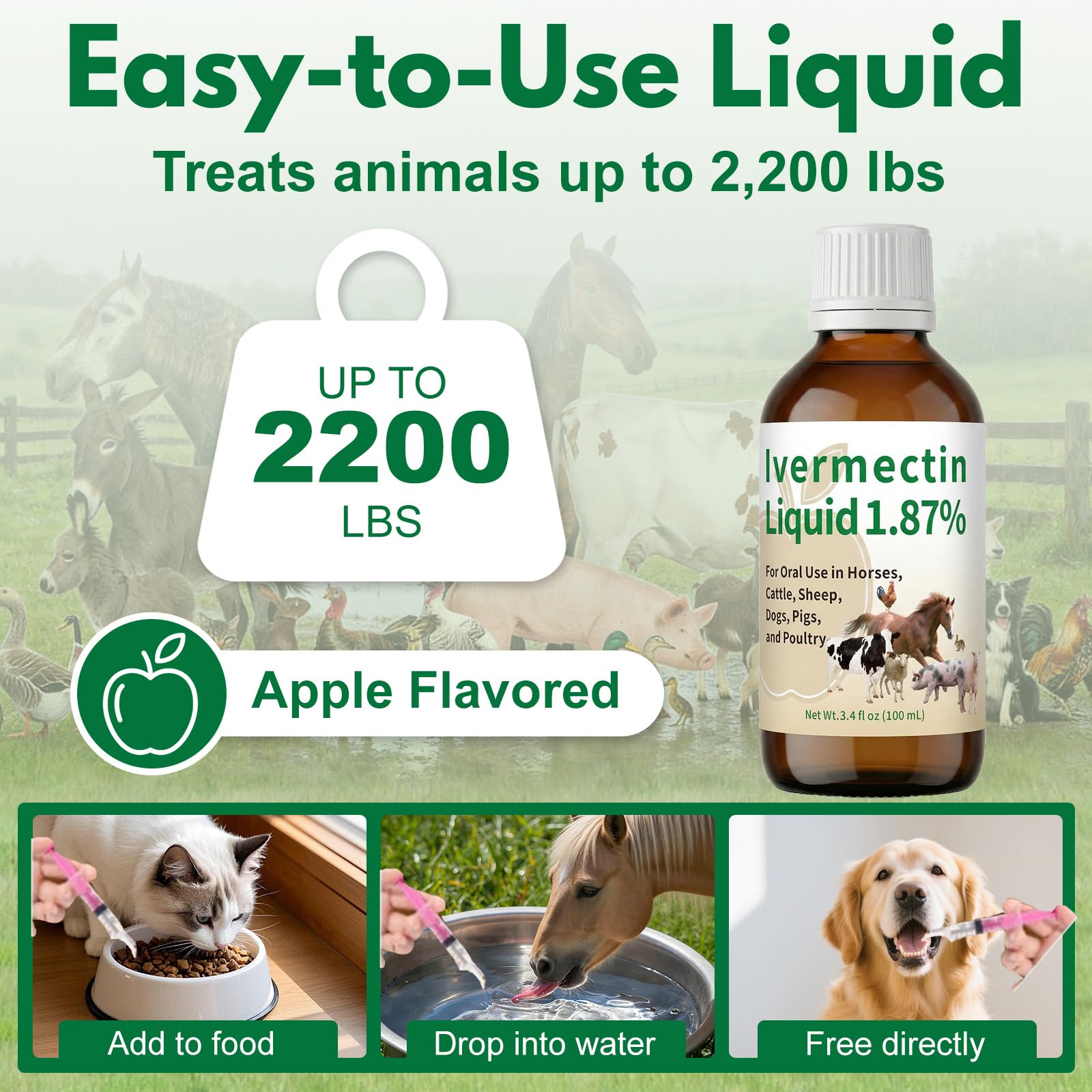 Zhizaiql Ivermectin for Horses(Liquid) – Apple Flavor, Safe for Horses, Poultry & Other Livestock of All Ages,3.4 fl oz - 3