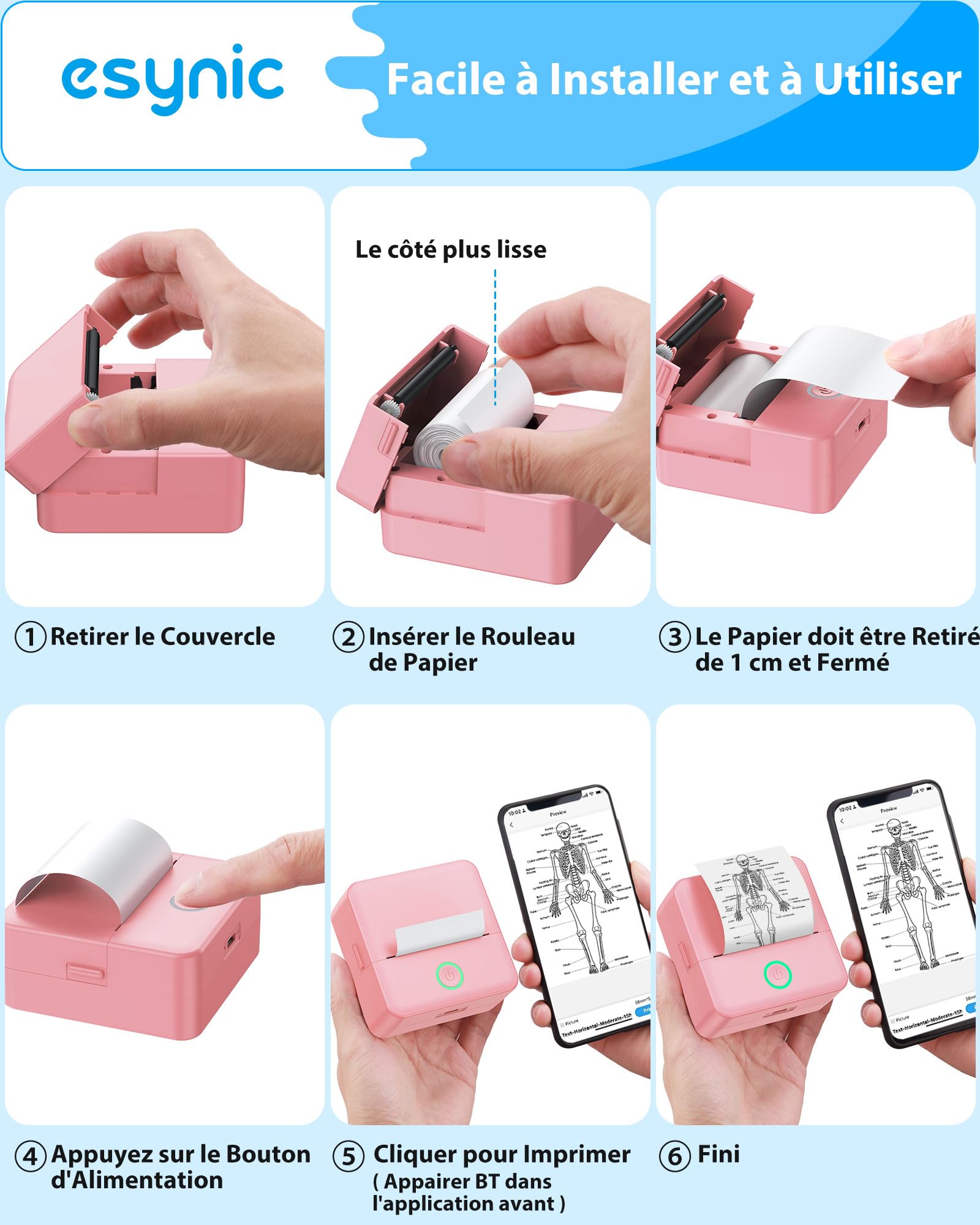 eSynic Mini Imprimante Thermique Portable Noir Blanc Bluetooth Compatible Android iOS