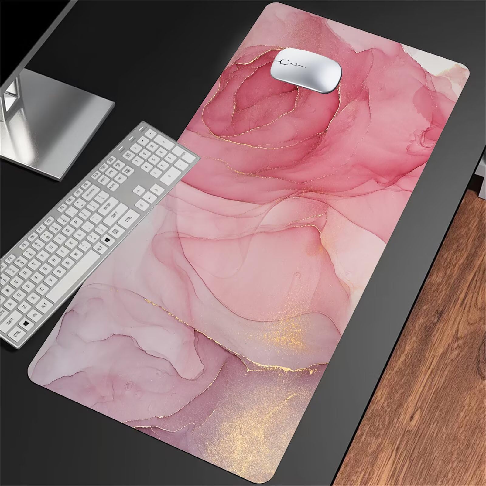 Duża podkładka pod mysz do gier 1200 x 600 x 2 mm podkładka pod mysz XXL, podkładka pod mysz do gier z przeszytymi krawędziami i antypoślizgową gumową podstawą, do domu i biura (marmurkowa różowa)
