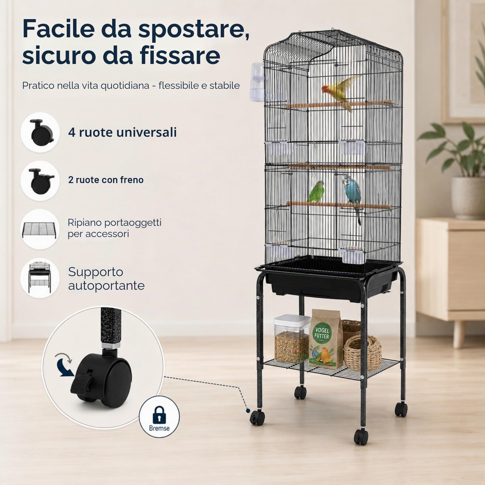 Gabbia per uccelli grande, 47 x 37 x 137,5 cm, per uccelli con ruote, casetta per uccelli con 4 mangiatoie e ciotola per pappagallini, pappagallini