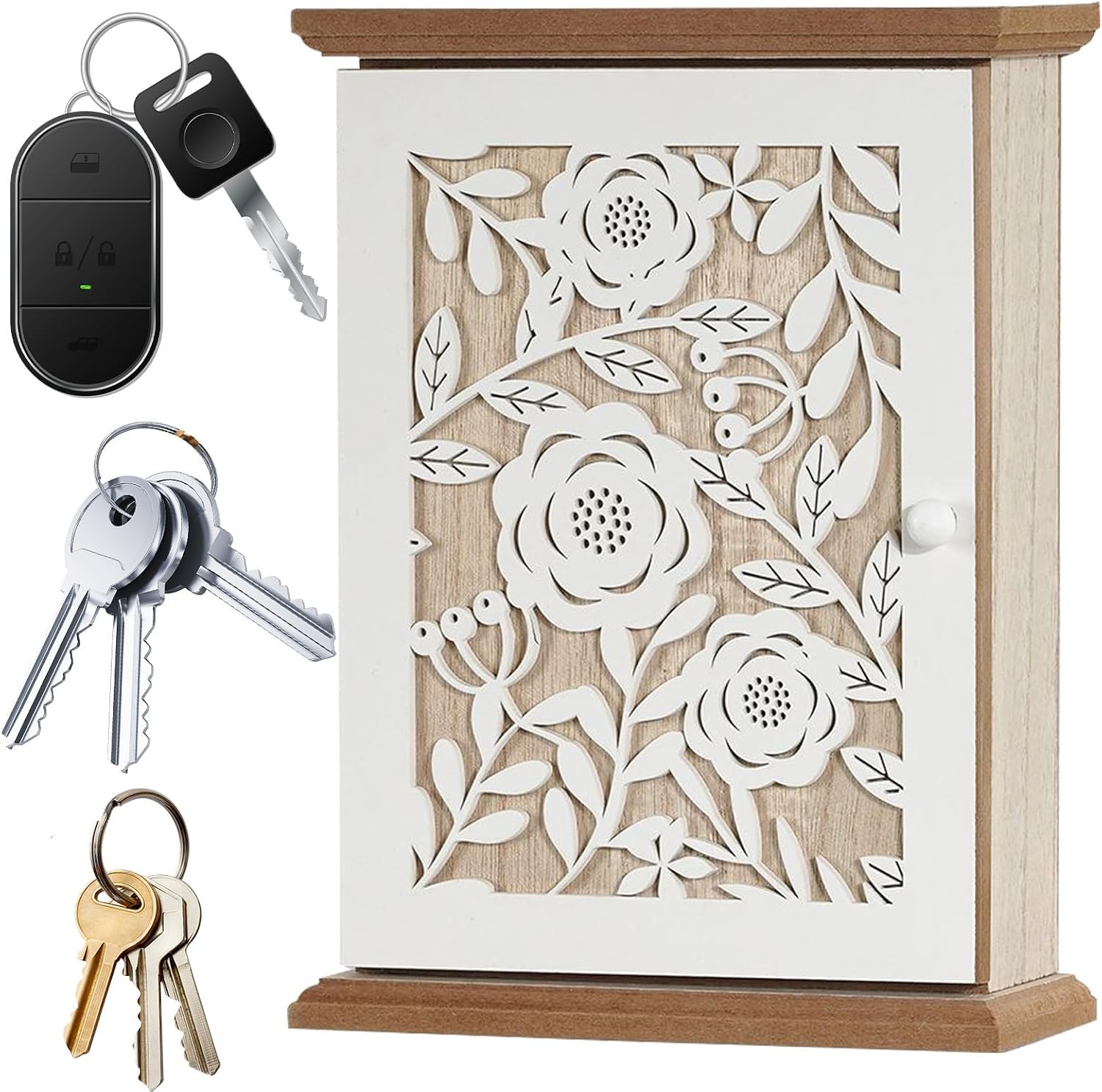 Wooden Key Holder Box, Vintage Carving Key Storage, Easy Use Wall Mount Keys Organizer with 6 Hooks, Lock Box with Stylish Design, Use for Office and Entryway Home Workplace