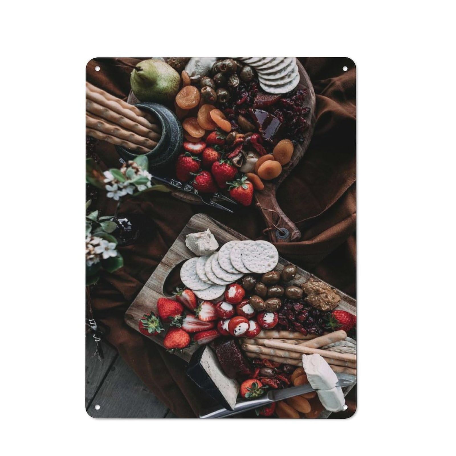 Tin Wall Plaque 40x30cm with Gourmet Charcuterie Board with Fruits for Kitchen Or Home Bar, Suited to Metal Sign Collectors