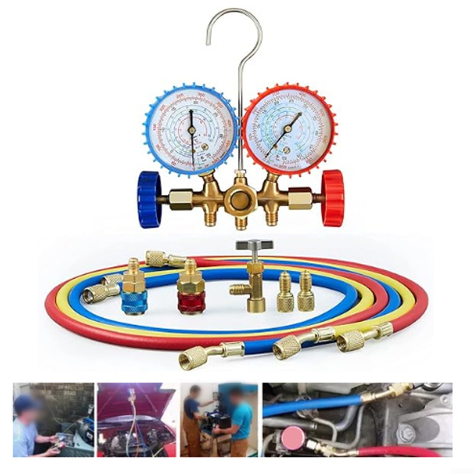 AC - Juego de manómetros de diagnóstico R32 R410A R22 para R134A Kit de herramientas de aire acondicionado profesional de 3 vías con mangueras
