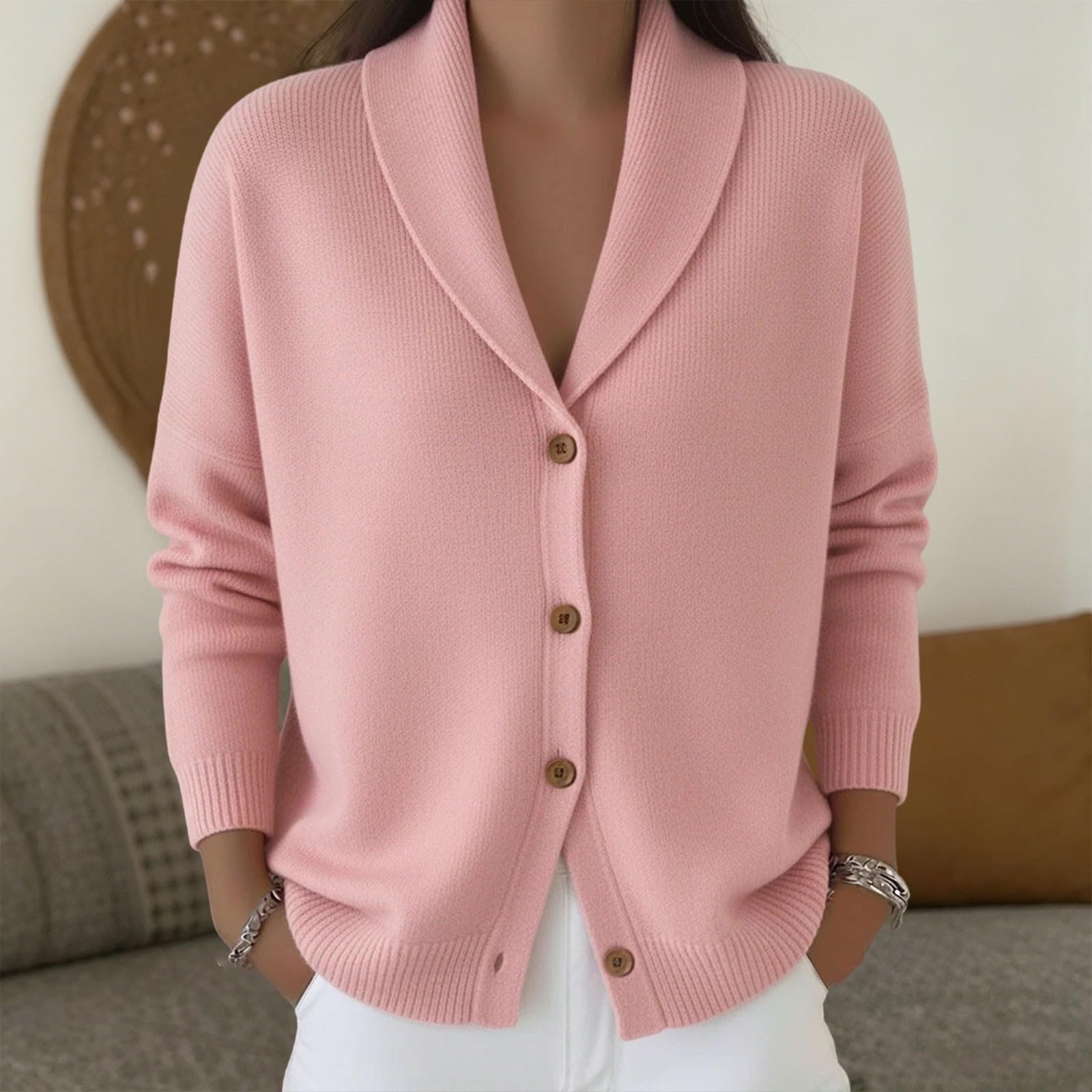 Generisch Cardigan da donna a maniche lunghe, con risvolto, a maglia grossa, vintage, elegante, per le mezze stagioni, con abbottonatura, elegante, per l'autunno