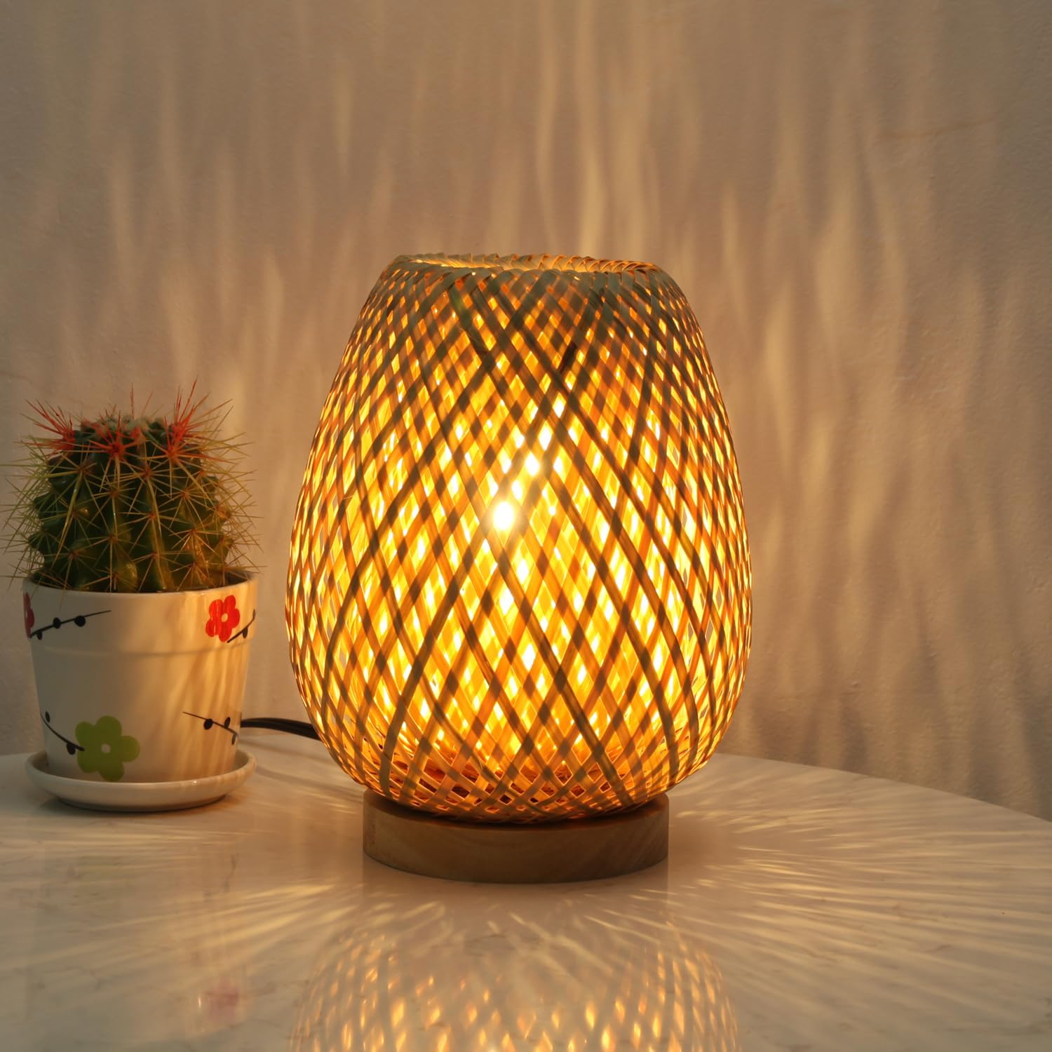 Boho Table Lamp Dimmable Small Rattan Nightstand Lamps For End Table Side, Vintage Wicker Wooden Bamboo Woven Desk bedside Lamps for Bedroom Living Room Kids Room, 2700K T45 LED Bulb Included