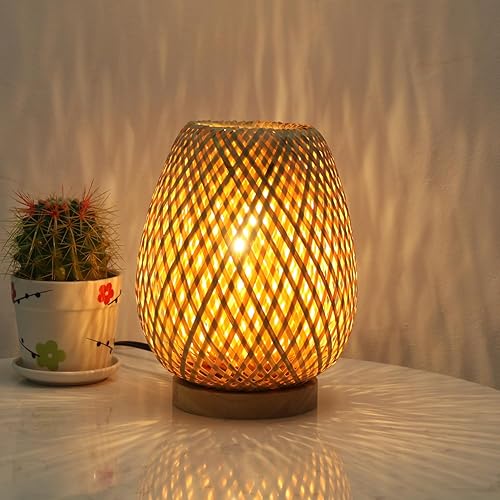 Lámpara de mesa bohemia regulable pequeña de ratán para mesita de noche lateral de mesa auxiliar, lámpara de mesa tejida de bambú de mimbre vintage