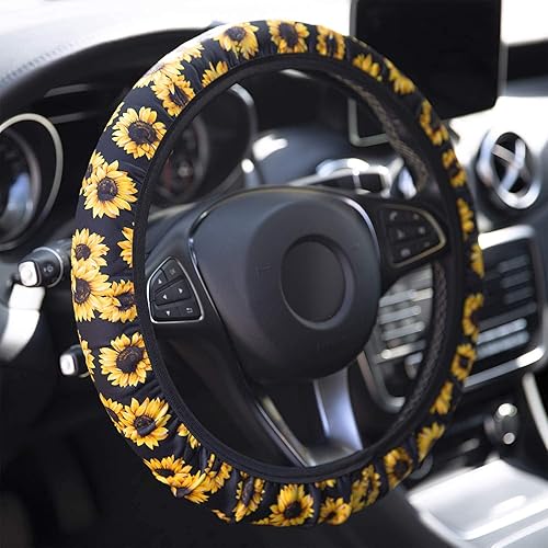 Miniatura 6 de Funda para volante con estampado de girasol para mujer con portavasos para automóvil y llavero con tema de girasol, funda para volante linda y a la