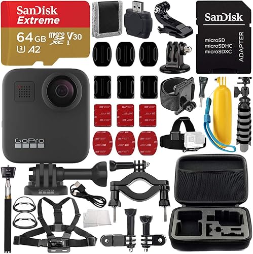 Miniatura 1 de Paquete esencial para cámara de acción GoPro MAX 360  Incluye tarjeta de memoria microSDXC de 64 GB + palo selfie + funda protectora + trípode