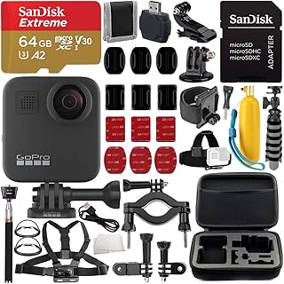 GoPro MAX 360 Action Camera Essential Bundle - Includes: SanDisk Extreme 64GB microSDXC Memory Card + Selfie Stick + Protective Carrying Case + Flexible Gripster Tripod Floating “Bobber” Handle + More
