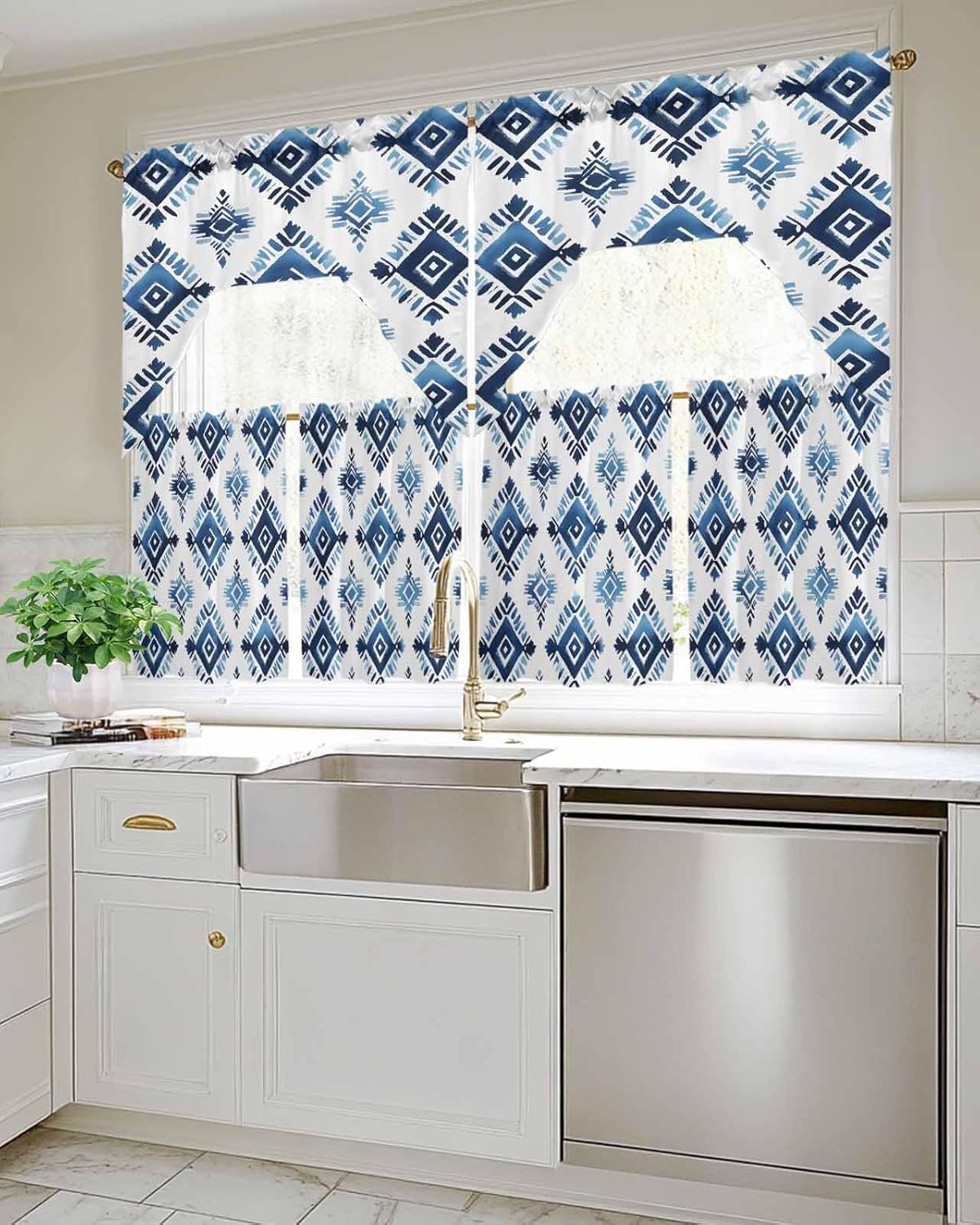 Boho Aztec Blue Swag Kitchen Curtain Sets with Valance,3 Pieces Southwest Geometric Abstract Tribal Curtain Drapes Rod Pocket for Bedroom Living Room Bathroom Windows,56"x36" & 24"x27.5"x2Panels