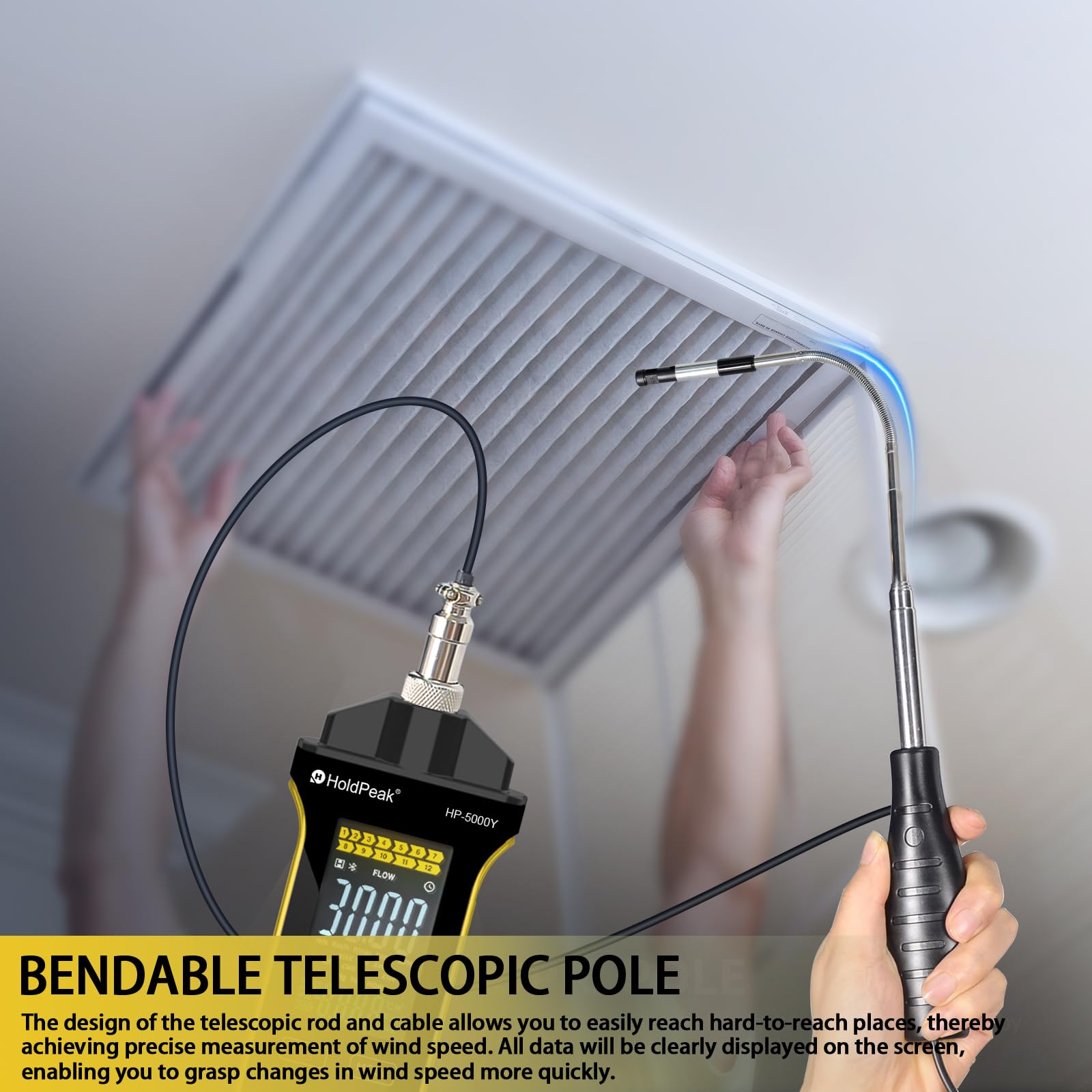 HOLDPEAK Anemómetro digital de alambre caliente CFM CMM medición temperatura sonda telescópica pantalla iluminada USB