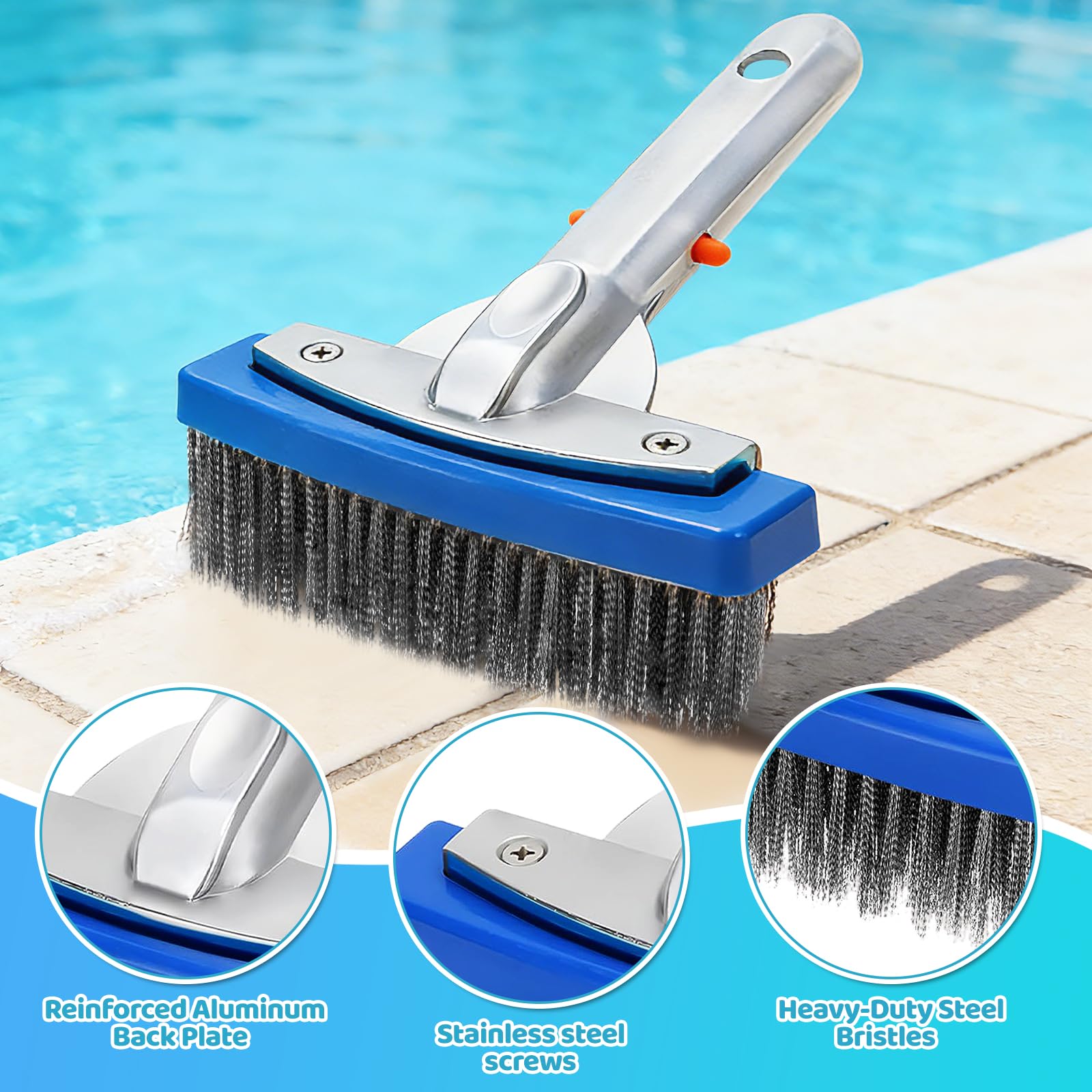 Brosse Piscine, 5 Pouces Balai Piscine, Brosse de Piscines en Acier Inoxydable, Piscine Nettoyage Brosse Robuste et Résistant pour Nettoyage de Piscines, Spa, Étang