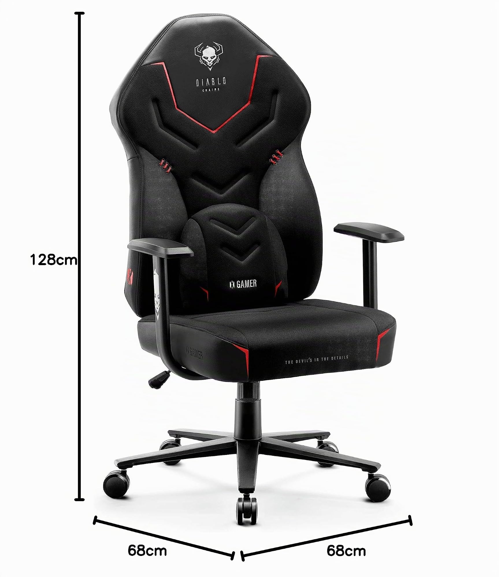 Diablo X-Gamer 2.0 Silla Gaming Gamer de Oficina Tela Diseño Ergonómico Cojín Lumbar Apoyabrazos Cómodos (Negro-Negro)