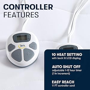 Serta Heated Mattress Pad Queen Size - Electric Mattress Pad, 10 Heat Setting Controller, Auto Shut Off Timer, Deep Elastic Pocket, Up to 17" Mattress, ETL Certified, Machine Wash, Queen, White