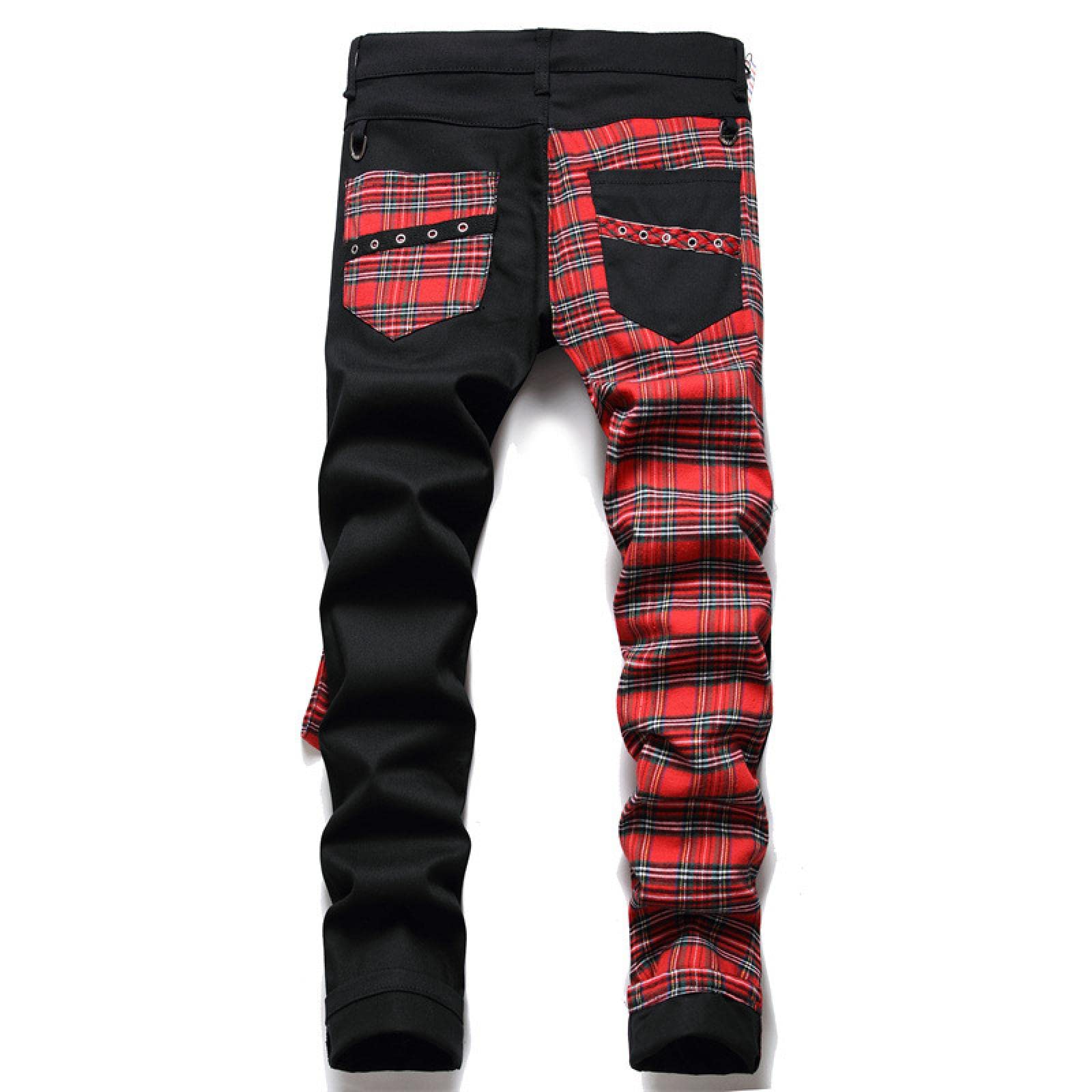 Jeans Herren Jeanshosen Hose Freizeithose Red Plaid Patchwork Punk Reißverschluss Männer Bleistift Jeans Hose Hip Hop Gothic Slim Denim Hosen
