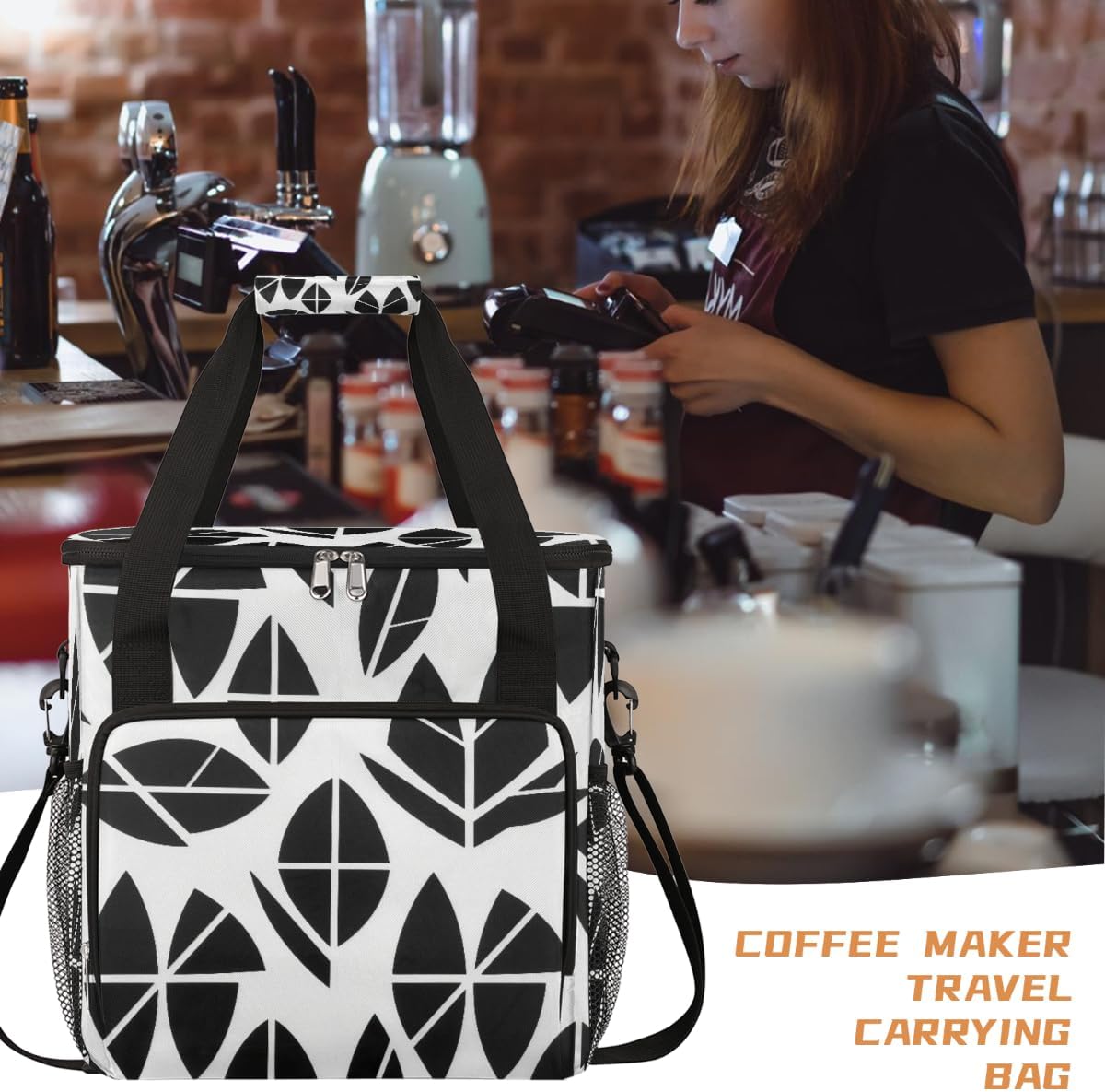 Abstract Foliage Portable Coffee Maker Carrying Bag Compatible with Keurig K-Mini or K-Mini Plus - Travel Storage Tote with K-Cup Pod Pockets for Single Serve Coffee Brewer