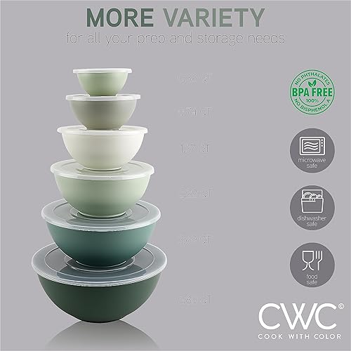 Miniatura 4 de COOK WITH COLOR - Juego de tazones anidables para mezclar de plástico, 12 unidades, 6 tazones de preparación y 6 tapas, aptos para microondas, verde