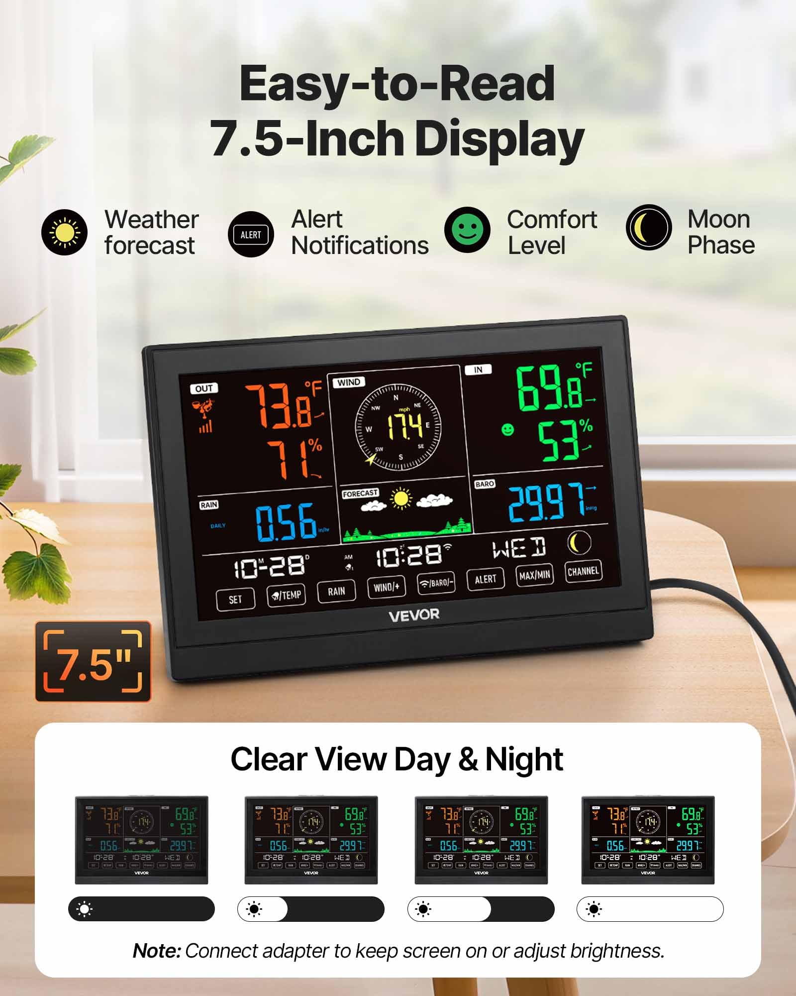 VEVOR 5-in-1-WLAN-Wetterstation, 7,5-Zoll-VA-Display, solarbetriebener Außensensor, Wettercenter zur Wettervorhersage, Windgeschwindigkeit, Windrichtung, Temperatur, Luftfeuchtigkeit, Niederschlag