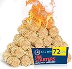 Fire Starter 72Pcs - Extra Long 12min Natural Fire Starters for Grill, Fireplace, Camping & Survival Kit | Waterproof, Odorless, Safe for BBQ/Pizza Oven/Chimney (Indoor & Outdoor)