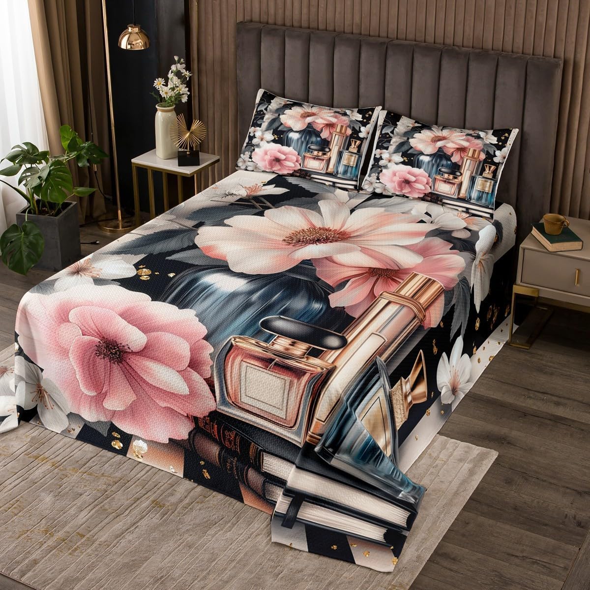 Erosebridal Pink Floral Bedspread Queen Size Modern Fashion Quilt Set for Girls Women Romantic Makeup Themed Coverlet Set Black White Stripe Bed Set Perfume Print Bedding