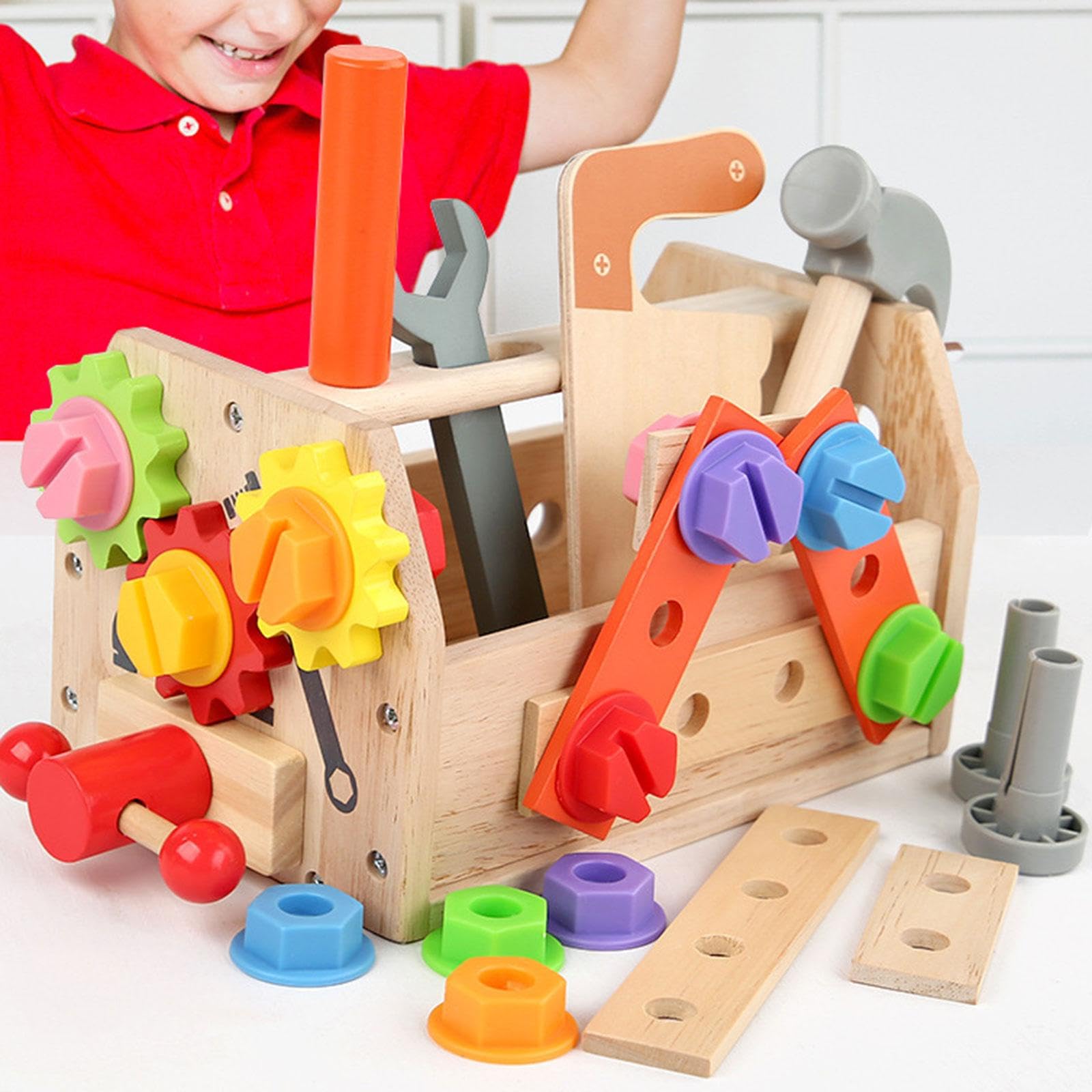 Gralara Kit di Attrezzi in Legno con Scatola, Giocattolo di Costruzione in Legno, Gioco di Ruolo educativo per la Prima Infanzia, Modello di Costruzione per
