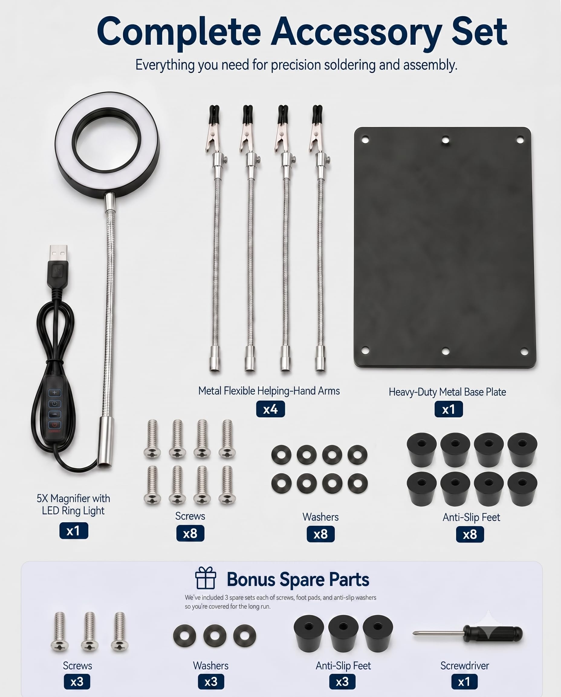 Kaisiking Helping Hands - Stazione di saldatura con lente d'ingrandimento 5X e 3 modalità di colore LED ad anello, 4 bracci flessibili, base in metallo pesante, supporto PCB per riparazioni