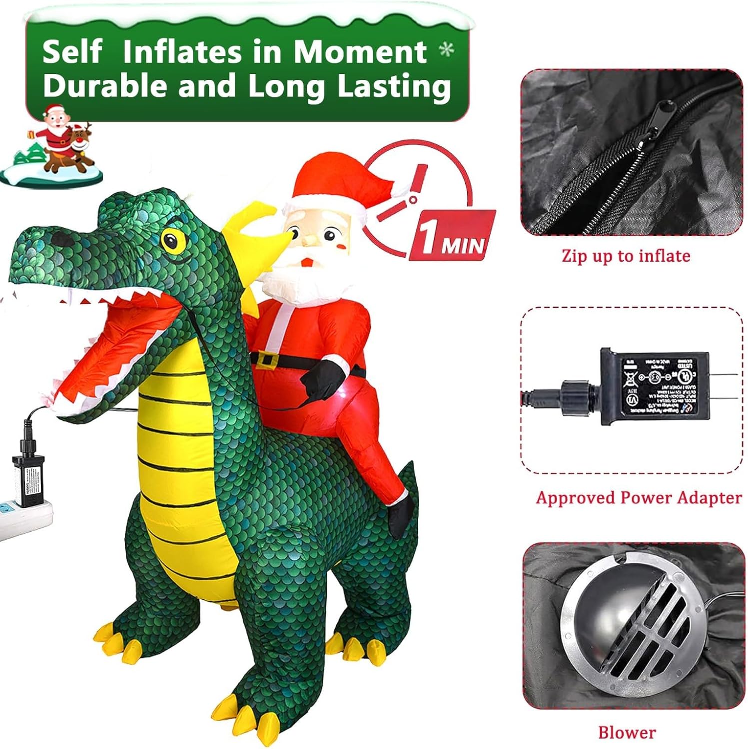 6 FT Christmas Inflatables Outdoor Decoration with LED Lights, Santa Claus Ride on Dinosaur Inflatable Christmas Blow Up Yard Decorations for Patio Lawn Garden Xmas Party Indoor Decor