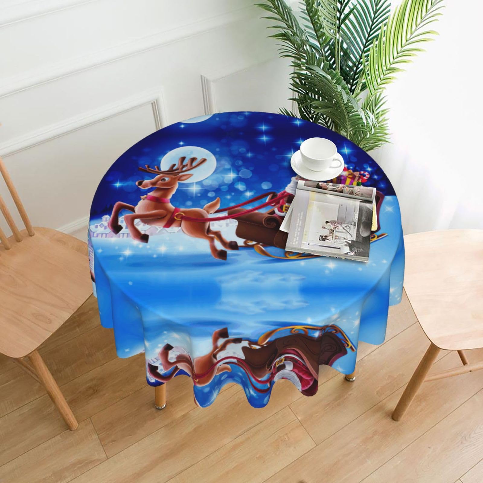 Zcmkjlg Christmas Santa Deer Print Quick Ship Round Tablecloth 60in Polyester Washable Cover for Dining Room