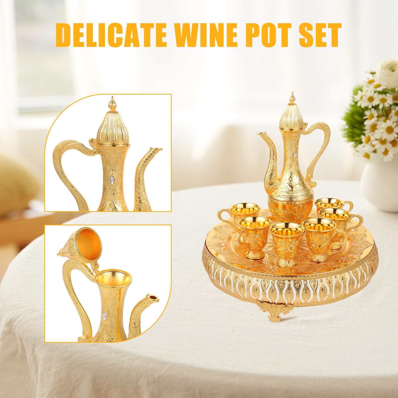 DECHOUS Kunstvoller Feiner Weinkessel aus Zinklegierung Vintage Topf mit 6 Goldenen Tassen Nicht Verblassend und Geruchsneutral Weinzubehör Geschenkset für Zuhause und Büro