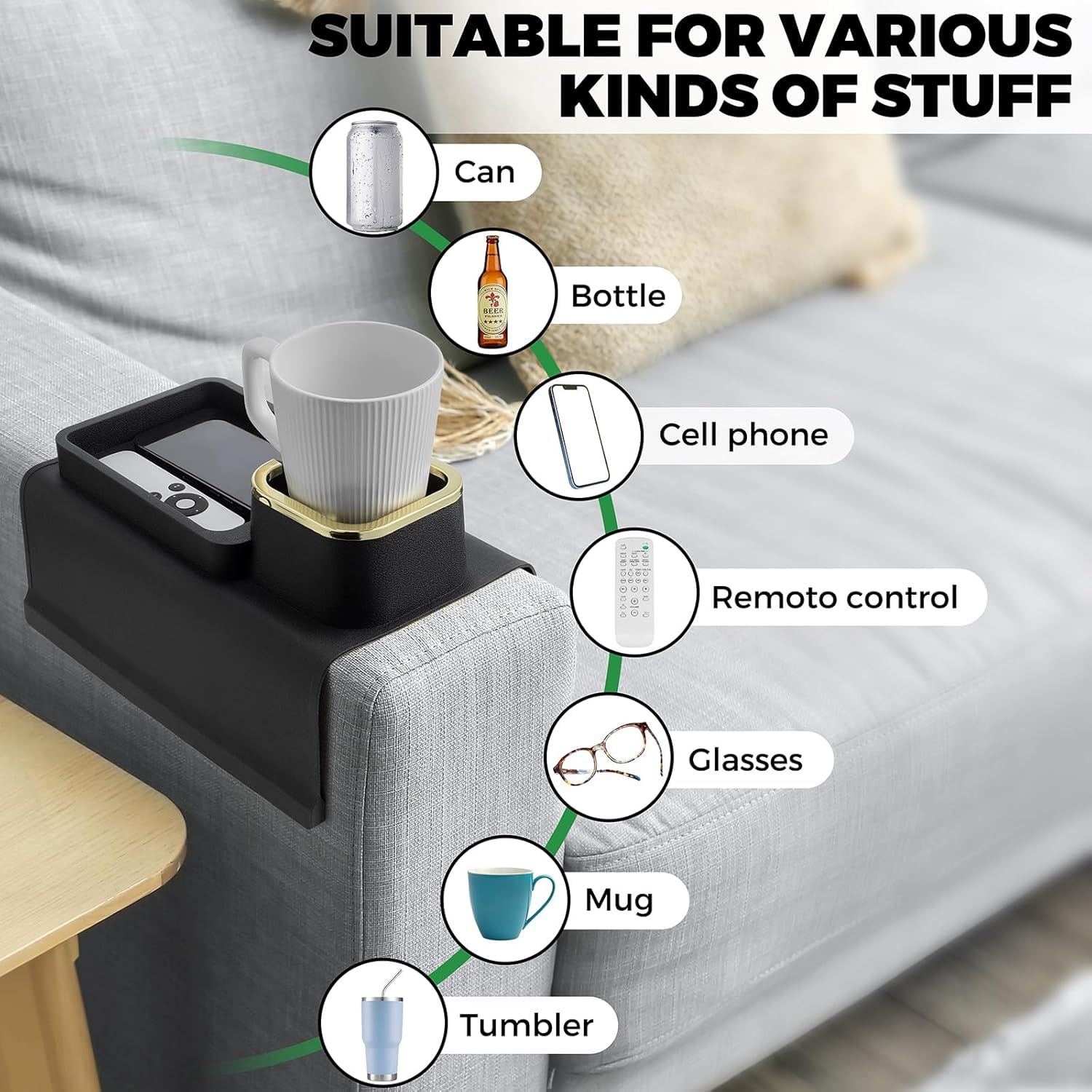 BLURISM Silicone Couch Cup Holder -The Drink Holder for Your Sofa,Couch Caddy for Middle of Couch for Coffee Table, can Store Mobile Phone, Remote Control (Black) 3