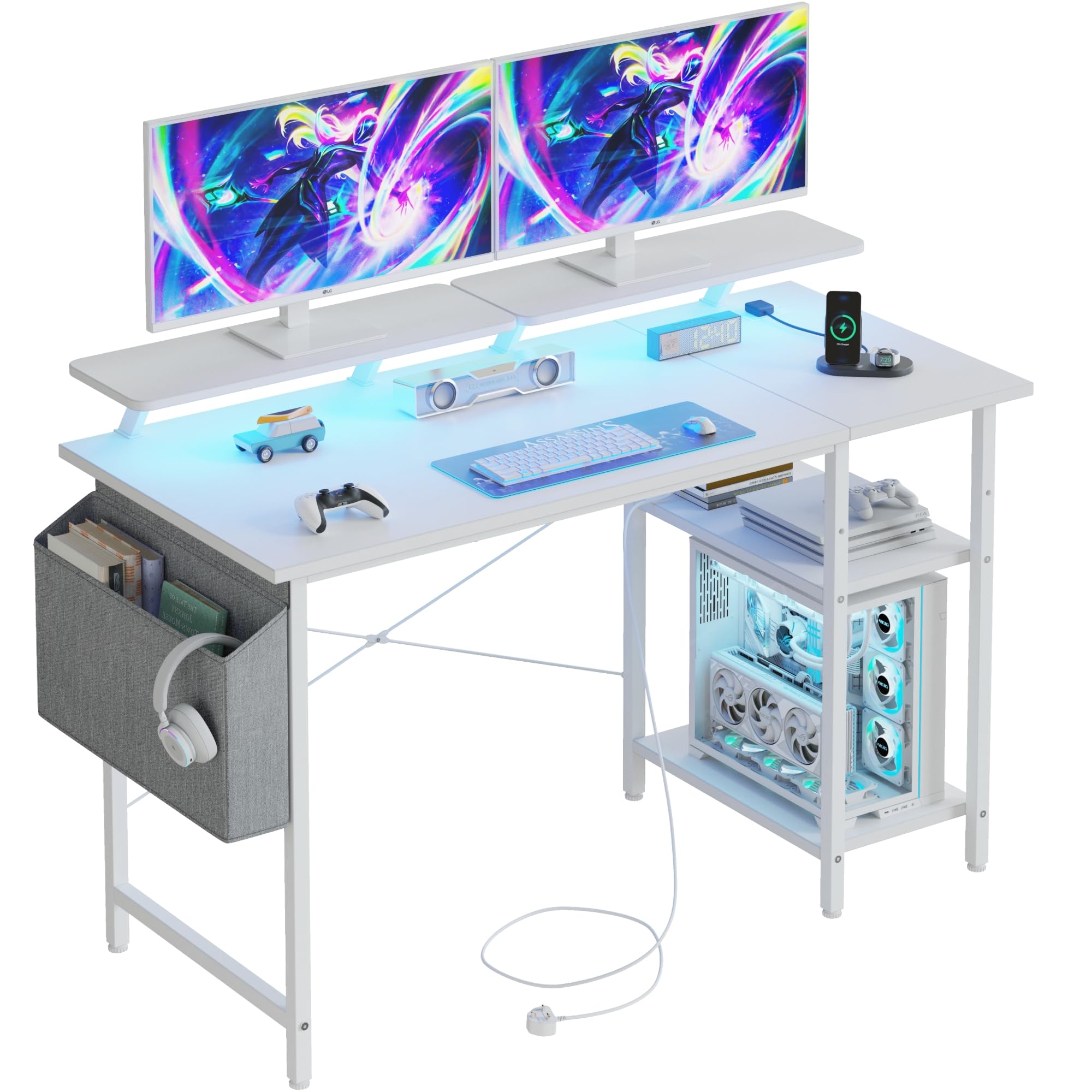 DOMSHOCT Gaming Desk with LED Lights & Power Outlets, Reversible Computer Desk with Storage Shelves & Dual Monitor Stands, for Home Office & Study, 100×50cm White
